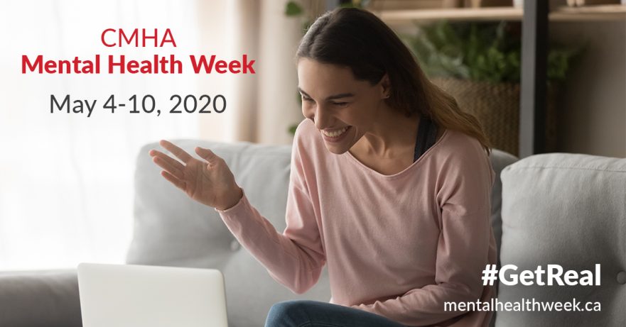Canadian Mental Health Association mental health week banner showing girl laughing with laptop on couch